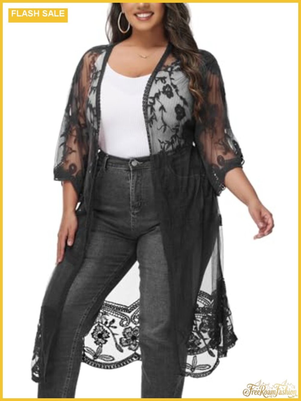 Plus Size Lace Kimono Cardigan Embroidered Boho Long Duster Half Sleeves